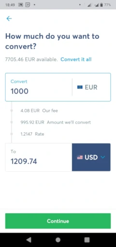 Overføring av 1000 EUR til 1209,74 USD med gjennomsiktig konverteringsgebyr